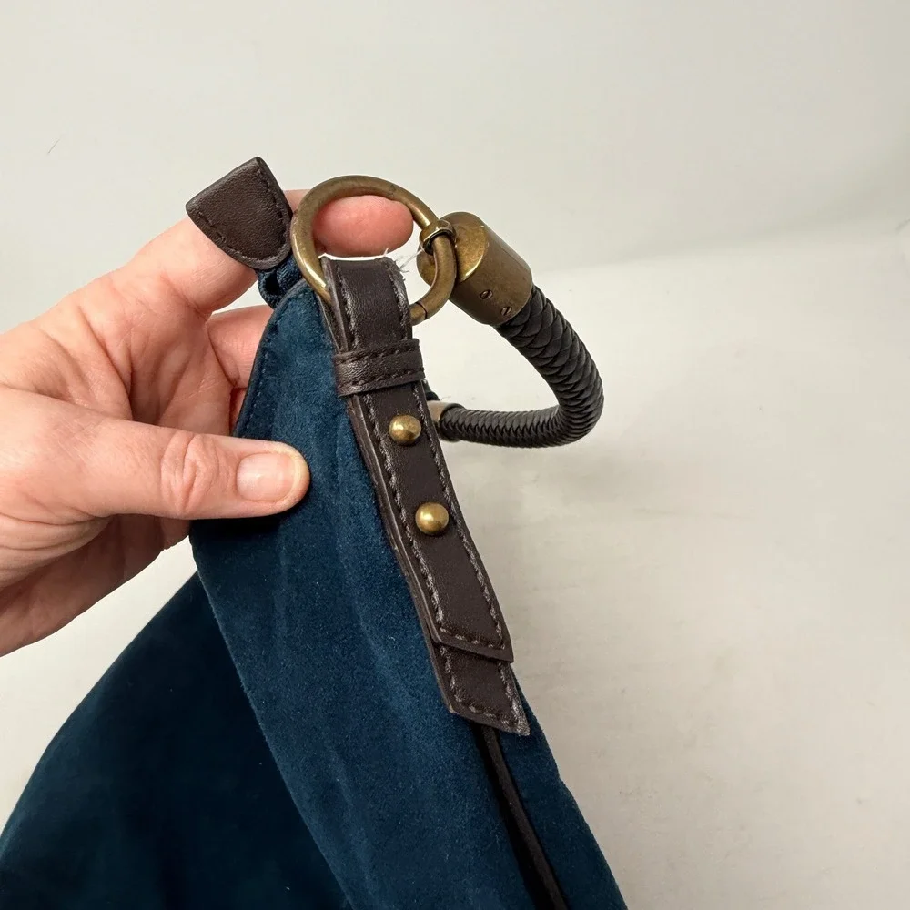 Nine West Navy Blue Faux Suede Hobo Bag Braided Handle Brass Hardware Slouchy - Picture 2 of 12